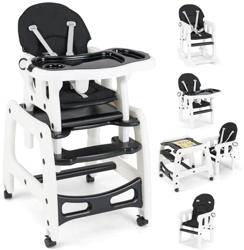 COSTWAY 3 in 1 Babystuhl, Hochstuhl & Essstuhl & Kindersitzgruppe, wandelbarer Babyhochstuhl mit 5-Punkt-Gurt, abnehmbarem Tablett, Sitzkissen, Rückenlehne, für 6-36 Monate, 20 kg belastbar (Schwarz)