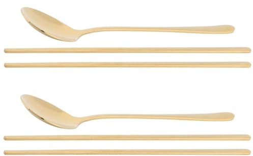 Koreanische Löffel und Essstäbchen, 2pcs Edelstahllöffel und Essstäbchen Set wiederverwendbares Flachgriff für Heimküche (Gold)