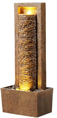 Teamson Home Garten Outdoor Wasserspiel Hoher Wasserfall Wasserbrunnen mit warmen LED-Lichtern Layered Rock Design Braun