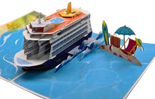 Pop-Up Grußkarte Kreuzfahrtschiff 3D – Urlaubskarte mit Umschlag – Handgemachte Klappkarte mit Schiffmotiv – 30x20x8cm – Maritime Geschenkkarte für Reisen, Geburtstag, Abschied