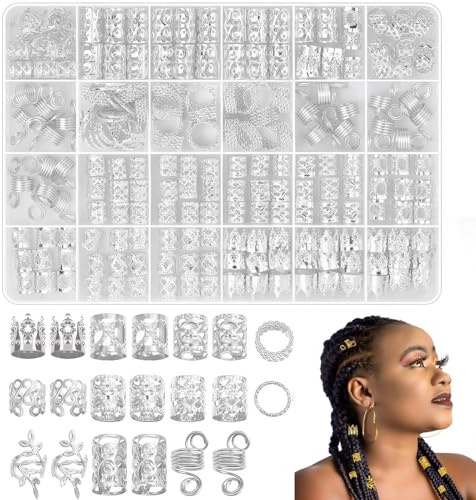 220 Stück Haarschmuck Silber für Zöpfe, Silber Haarschmuck für Dreadlocks Dreadlocks Schmuck Klipsen Loc Schmuck für Haar Verstellbar Haarperlen Zum für Männer Frauen Mädchen und Jungen Zöpfe