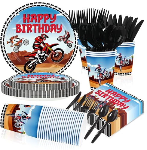 Greencian 168Pcs Dirt Bike Birthday Party Decorations Motorcycle Birthday Plates and Napkins Cups Forks Tableware Sets for Boys Kids Motocross Dirt Bike Theme Party Supplies Serves 24