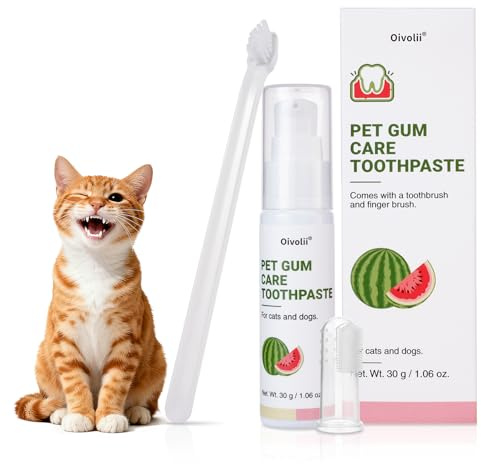 Cat Toothpaste Kit for Gum Care – Watermelon Flavor Dental Toothpaste with Finger Brush & Long-Handle Toothbrush – Soothes Gums, Freshens Breath, Reduces Plaque – Safe & Gentle for Daily Use