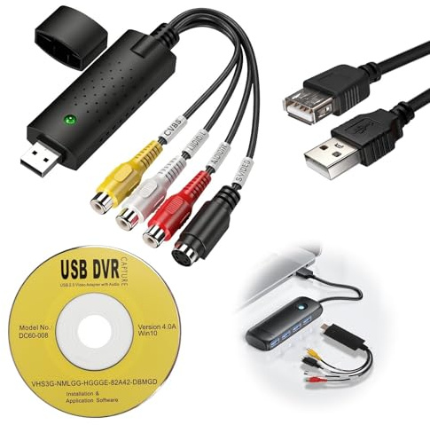 VHS to Digital Converter USB Video Capture Card Audio Video Grabber Converts RCA to USB Audio Video Converter Device with Scart/AV for Mini DV Hi8 DVD VCR to Digital Adopter for Windows XP Vista
