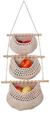 DONGKER Cesto per Frutta da Appendere, Cestino Sospeso di Verdure Intrecciato a 3 Livelli, Cestini Portaoggetti a Mano per Cucina, Bagno, Camera da Letto, Balconi, Ripostigli