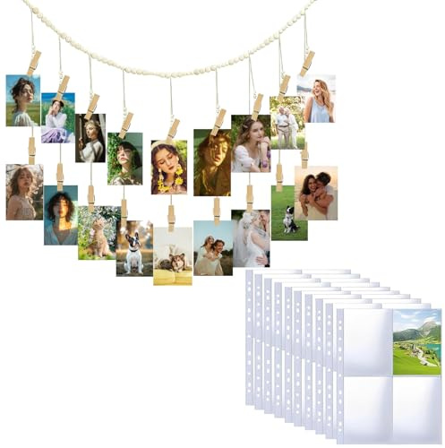 JASFLY Paese fotografico con 18 mollette in legno, lunghezza 115 cm, con 10 buste trasparenti per cartoline, formato A4, per compleanno, matrimonio, festa, anniversario, decorazione per foto