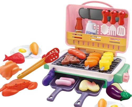 Kids BBQ Grill Toys Set,29PCS Kitchen Toy Set with Spray Sound & Color-Changing Food ,Play Kitchen Accessories,Simulation Cooking Interactive Toys Gift for Toddlers Girls Boys Christmas (Pink)