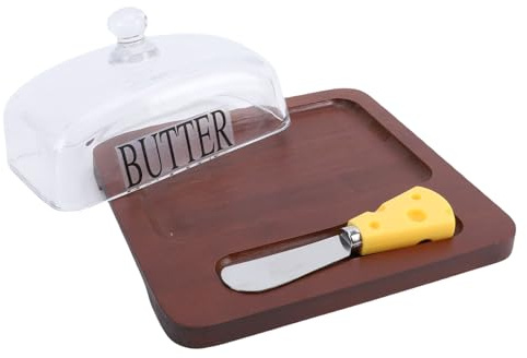 ASHATA Mantequera de Vidrio con Tapa, Tapa de Vidrio Transparente con Asa, Recipiente Sellado con Ranura Profunda, Incluye Cortador de Mantequilla de Acero Inoxidable, para Encimera (Marron oscuro)
