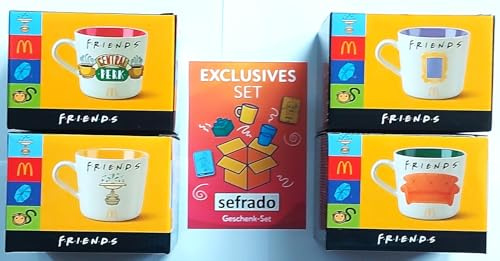 Bundle mit McDonalds 4 Friends Tassen 2025 Central Perk - Sofa - Spiegel - Fontäne mit exclusiver Geschenkkarte Teetassen Set - Kaffee Tassen Sets - Bechersets - Kaffeebecher Keramik Becher