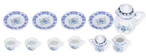 ZDETGU Miniatur-Teetassen-Set aus Porzellan Im Maßstab 12 mit Blumenmuster Zur Dekoration und Präsentation (Blauweiße Porzellanfarbe)