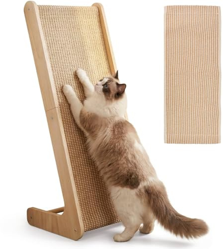 BRRDAQU Rascador para Gatos, Rascador en Forma de L con Almohadilla de Sisal 69CM Columna Rascadora de Sisal Natural con Rampa con 1 Tapete de Sisal de Repuesto, Protector de Muebles de Pared