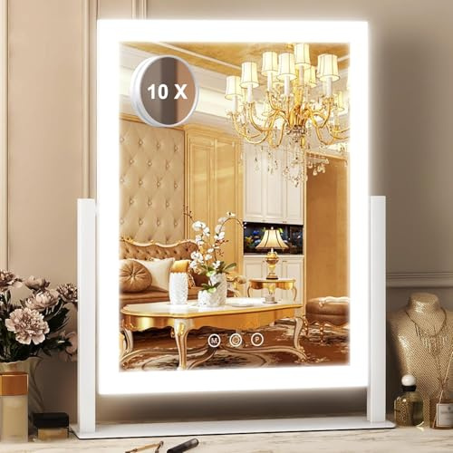 SURFOU Schminkspiegel mit Beleuchtung Hollywood, 27x37cm LED Schminktisch Kosmetikspiegel Mit Licht, 360° Drehbarer Tischspiegel mit 5X Vergrößerung, 3 Lichtmodi & Dimmbar, Touch Steuerung, Weiß