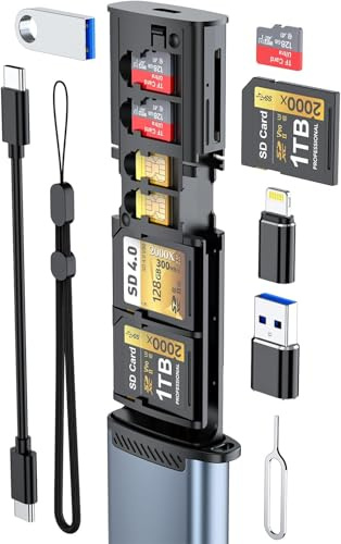 SD/TF/SIM Kartenleser Travel Adapter Kit, 9in1 312MB/S Aluminium Speicherkartenleser mit 3X SD + 4X TF + 2X SIM Karten,Typ-C Kartenlesegerät mit USB-A und Lightning Adapter für iPhone/Android/Drohnen