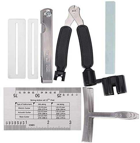 Juego de herramientas para guitarra que incluye calibrador de radios para lijadora, regla para la acción de cuerdas, protectores para el diapasón, accesorios de acero inoxidable pa