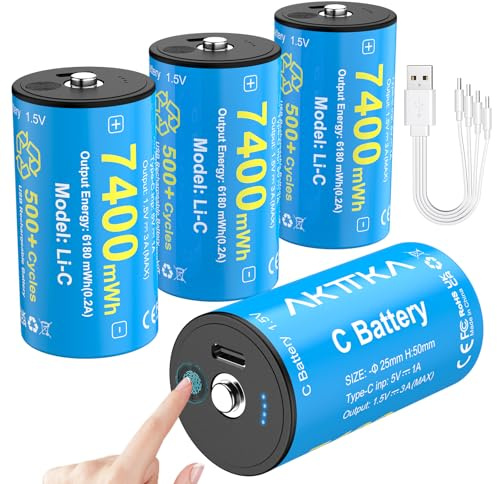 AKTTKA 4 Pack Rechargeable C Batteries, 1.5V Lithium LR14, 500+ Cycles | Touch Power Check • 7400mWh High Capacity • Alternative to Alkaline & NiMH C Batteries • True 1.5V Output • USB-C Charging