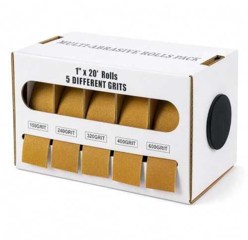 EVERGOODS 5 Grits Emery Cloth Rolls with Dispenser, 150/240/ 320/400/ 600 Grits Abrasive Sandpaper Rolls Assortment, Sand Paper for Woodworking Furniture Automotive Metal Polishing