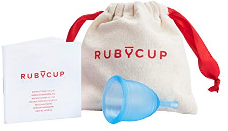 Ruby Cup- Coppetta mestruale BLU - morbida- Taglia M - grande (ciclo abbondante) - Include la donazione di una coppetta. Perfetta per principianti! Alternativa sicura e conveniente agli assorbenti