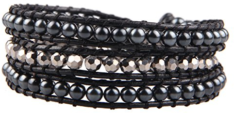 KELITCH Damen Kristall Perlen Strang Armbänder Handgemachtes Leder 3 Wickelarmband Mode Charm Armband