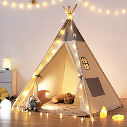besrey Tipi Zelt für Kinder,Tippi Kinderzelt Kinderzelt für drinnen/Outdoor aus Baumwolle +Lichtern+graue Matte Spielzelt