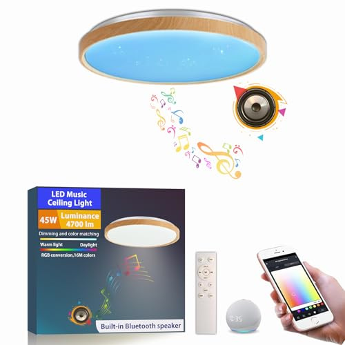 chysongoods Lámpara de techo LED musical de 40 cm MW, pantalla con efecto de veta de madera, compatible con Alexa, altavoz Bluetooth incorporado, efecto de luz RGB, regulable, con control remoto