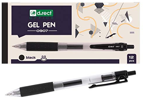 D.RECT 0907 12 Stück | Gelschreiber Druckgelschreiber | Gelstifte feine Spitze | Gummierte Grip Schwarz