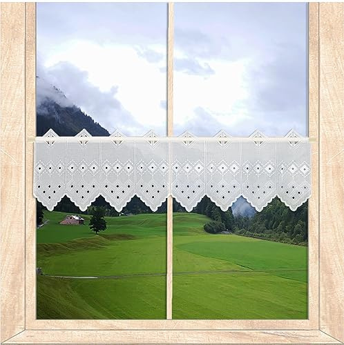 atelier alles-Spitze Stickerei-Scheibengardinen Lisa HxB 20x80 cm | Blickdichte Kurzgardine mit Lochstickerei auf weißem Käseleinen | atelier alles-Spitze
