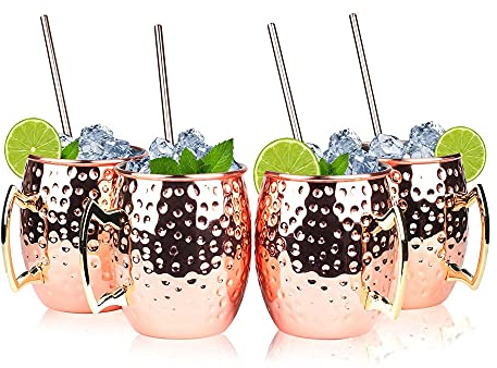 Esyauto Moscow Mule Kupferbecher-Set – Set von 4 lebensmittelechten Kupferbechern mit 4 Cocktail-Strohhalmen, für Zuhause, Bar, Party, Hotel, Geschenke