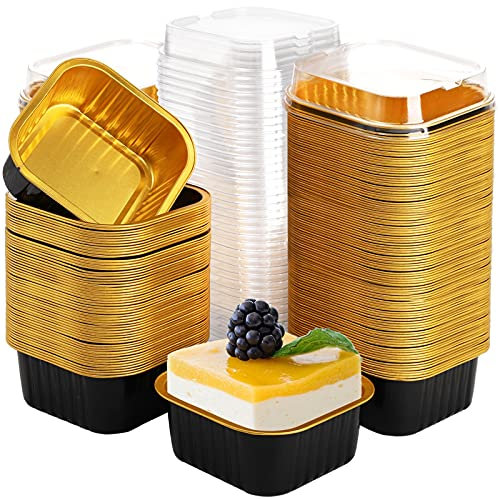ZEAYEA 100 Pieces Aluminum Foil Baking Cups with Lids, 5.7oz / 170ml Disposable Ramekins Cupcake Containers, Square Cupcake Muffin Liners Cups for Party Mother's Day Wedding Christmas Birthday
