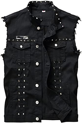 Mcdslrgo Giacche di jeans senza maniche in denim punk da uomo con rivetti, Nero , M
