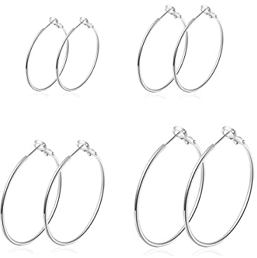 Deyanse Hoop Earrings 925 Silver Large 925 Sterling Silver Large Hoop Earrings Set for Women, 4 Pairs Unisex Large Cartilage Folding Hoop Earrings Set, Silver Hoop Earrings Set in 30, 60 mm, Silver