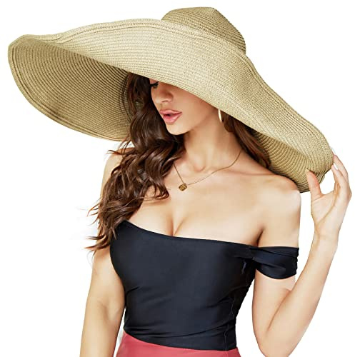 Oversized Beach Straw Hat for Women, Fashion Large Wide Brim Visor Hats Handmade Roll Up Floppy Sun Hat for Summer Beach Cap Beige