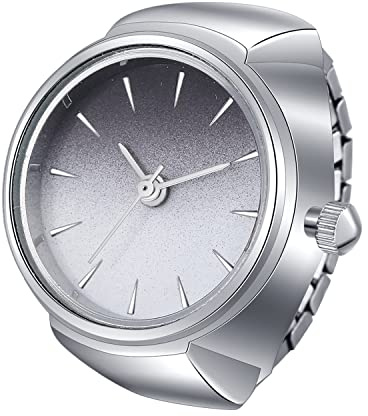 JewelryWe Men Women Finger Watches Gold/Silver Plated Elastic Watch Rings Simple Round Quartz Ring Watches with Gradient Color Dial