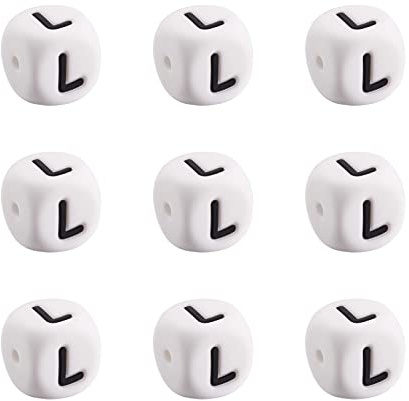 PandaHall Würfelförmige Silikon-Buchstabenperlen, 12 mm, quadratisch, weiß, Buchstabe L, Alphabet, Abstandshalter, lose Perlen für Freundschaft, Armband, Halskette, Bastelbedarf, Loch: 2 mm, 10 Stück