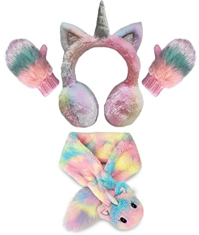Gifts Treat Girls Earmuffs Mittens and Scarf Set Kids Unicorn Ear Muffs and Knitted Gloves Neck Warmer Set in Colorful Plush Design