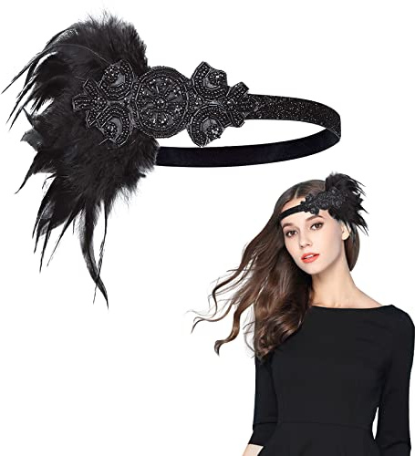 MIVAIUN 20-talet Gatsby Flapper Headband, Charleston med fjäder 20-talet Gatsby, 1920s huvudbonad tillbehör, 20-tals Vintage Tema Party hårband för kvinnor (1 st)