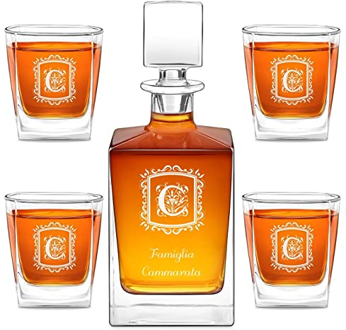 Maverton kit Caraffa con 4/6 bicchieri per whisky - Decanter con incisione personalizzata - da 810 ml per anniversario o nozze - Bottiglia da whisky in vetro - pensiero per coppia - Famiglia