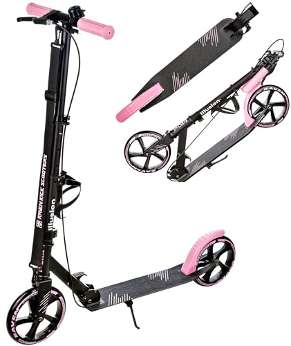 RAVEN – stuntscooter, sparkcykel – sparkcykel för barn och vuxna – hopfällbar, höjdjusterbar, bärrem, ringklocka, flaskhållare – Illusion Pink med Handbroms, 200 mm