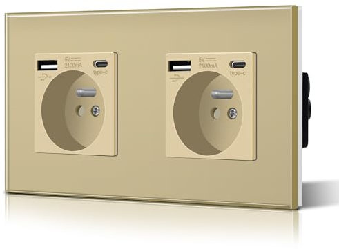 BSEED Prise en verre cristal Murale avec USB et 1 Type C alternatif Multiprise Murale avec USB 2.1A courant 16 Amp 240V 157mm Or