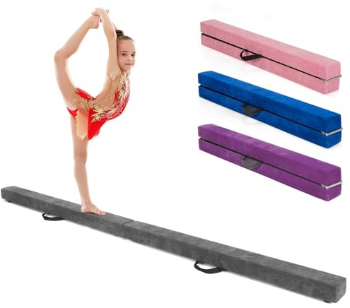 GYMAX Schwebebalken, klappbarer Gymnastikbalken mit rutschfestem Boden, Kiefernholzrahme & Tragegriff, Bodenbalken fur Training & Turneh (Grau, 210 cm)