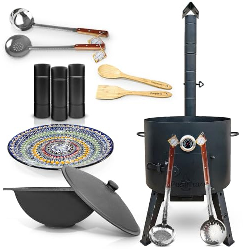 Utschak Feuerofen mit Thermometer Schornsteinverlängerung, Gusseisen Topf flacher Boden mit Deckel (22 L) Schaumlöffel, Schöpfkelle, Holzlöffel, Holzspachtel, Lagan KazanoFF, Учаг, Kazan (Set 6)