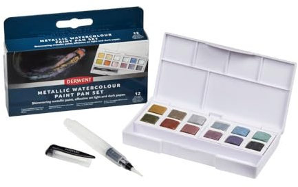 Derwent Metallic Aquarellfarben-Set, 12-teiliges Set, halbe Farbnäpfchen-Größe, wasserlöslich, ideal zum Malen von Landschaften, professionelle Qualität, Reisegröße, 2306246