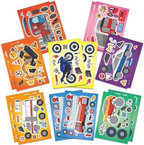 Azxndy 16 Sheets Engineering Vehicle DIY Stickers for Kids, Make Your Own Personalized Cartoon Stickers, Match & Make a Face Art Crafts Suitable for Birthday Party Supplies Gifts