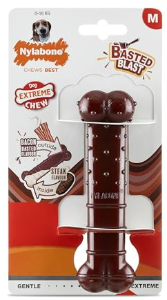 Nylabone, Basted Blast, Effet à mâcher extrêmement Fort, Jouet pour Chiens en Nylon, Forme d'os, Os à mâcher Durable, Goût : Bacon et Steak, Medium, pour Chiens jusqu'à 16 kg