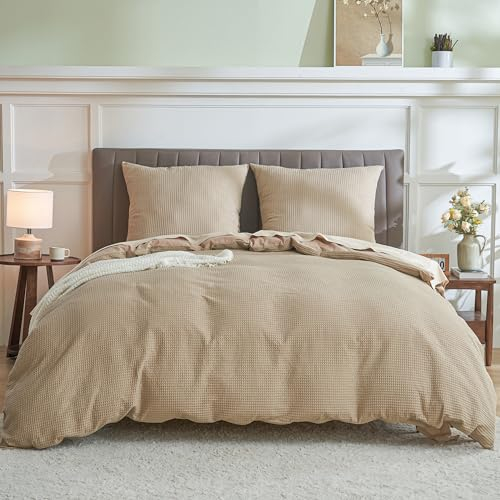 Simple&Opulence Bettwäsche 220x240 Baumwolle 3 Teilig,Waffelmuster Sommer Bettwäsche-Sets mit 80x80 cm Kissenbezug,ÖkoTex Zertifiziert Bettbezug Set,Camel