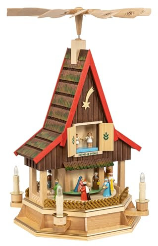 Richard Glaesser Pyramide Adventshaus Christi Geburt bunt, elektrisch beleuchet und betrieben, aus Seiffen im Erzgebirge