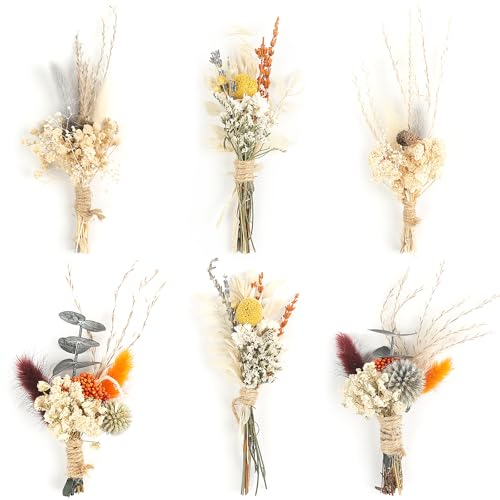 6PCS Mini Boho Dried Flower Bouquet Dried Flowers Small Bouquets Mini Natural Real Plants for Wedding Table Centerpieces Gift Box Cake Bottle Decor Home Vase Decorations DIY Craft (07)
