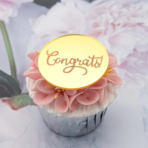 3 Little Desserts 'Congrats' Graduation Cupcake Topper Set - Decor for Celebrating Graduates - Reusable Cupcake discs - Acrylic Cupcake Topper - 5x5cm (Gold)