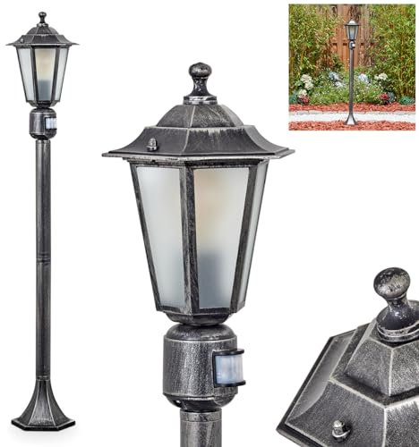 Außenwegeleuchte Loria, Wegeleuchte m. Bewegungsmelder aus Metall/Milchglas in Schwarz-Silber/Weiß, Wechselscheiben in Klar, Außenleuchte in antikem Look, Höhe 107 cm, IP44, 1 x E27, ohne Leuchtmittel