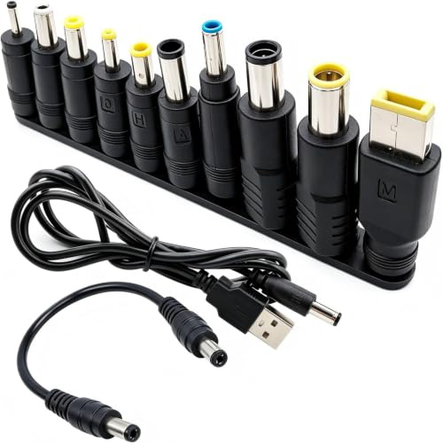 VISSQH Câble d'alimentation 5 V USB vers DC 5,5 x 2,1 mm, cordon de charge avec 10 connecteurs jack DC, adaptateur de chargeur pour ventilateur, haut-parleur et plus encore (noir)