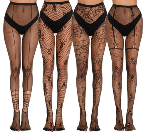 JAONLD Halloween Netzstrümpfe 4 Stücke Schwarze Einheitsgröße 150-175cm Halloween Strumpf Hose,Spinnenmuster,Strumpfhosen für Damen Geeignet für Halloween,Kostümparty,Rollenspiele